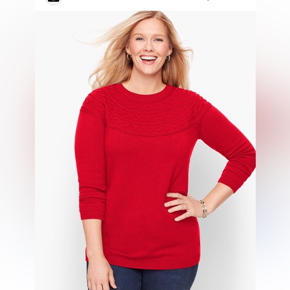 Talbots Diamond Cable Yoke Cashmere and Cotton Blend Perfect Red Sweater. L pet.